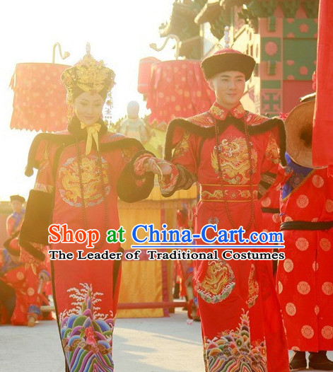 Chinese Qing Dynasty Emperor and Empress Imperial Dresses and Hats Two Complete Sets for Men and Women
