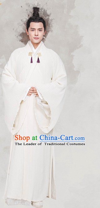 Chinese Ancient Scholar White Hanfu Clothing Garment Complete Set for Men