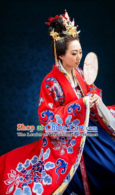 Ancient Chinese Princess Wedding Dresses Traditional Royal Stage Hanfu Classical Dress National Costumes Clothing and Hair Jewelry Complete Set