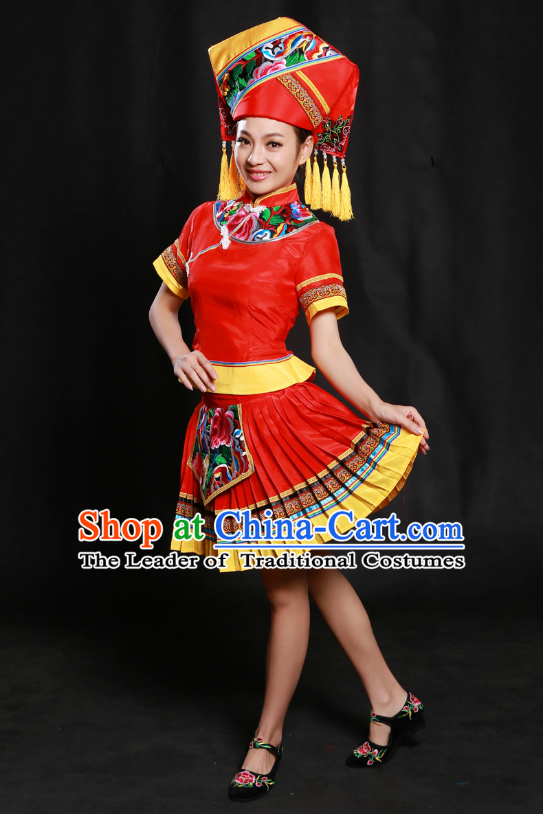 Chinese Zhuang Minority Dresses Ethnic Clothing Minority Dance Costume Minority Dress Complete Set for Women