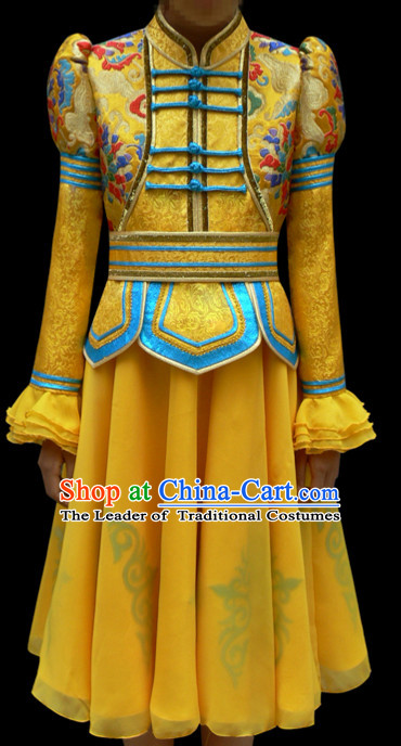 Yellow Mongolian Minority Empress Mongol Mongolia Princess Clothing Ethnic Traditional Costumes Complete Set