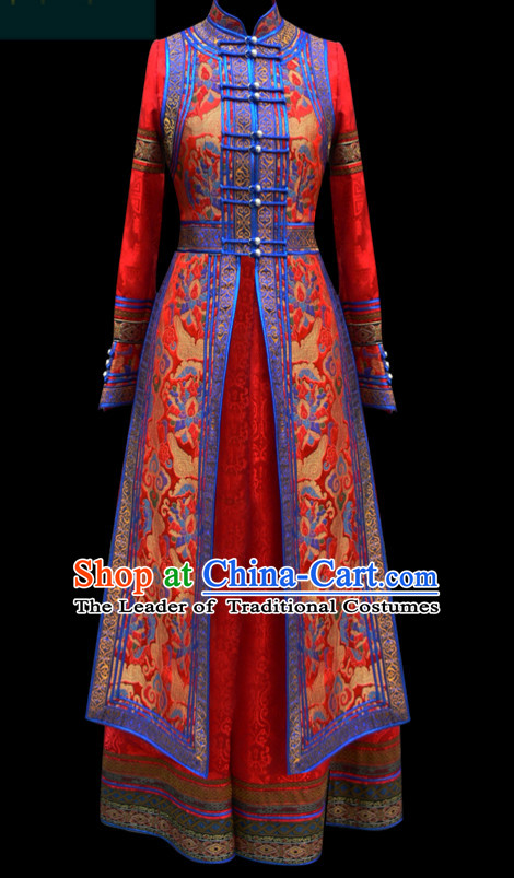 Red Mongolian Minority Empress Mongol Mongolia Princess Clothing Ethnic Traditional Costumes Complete Set