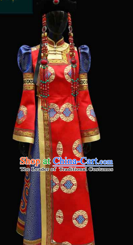 Red Mongolian Minority Empress Mongol Mongolia Princess Clothing Ethnic Traditional Costumes Complete Set