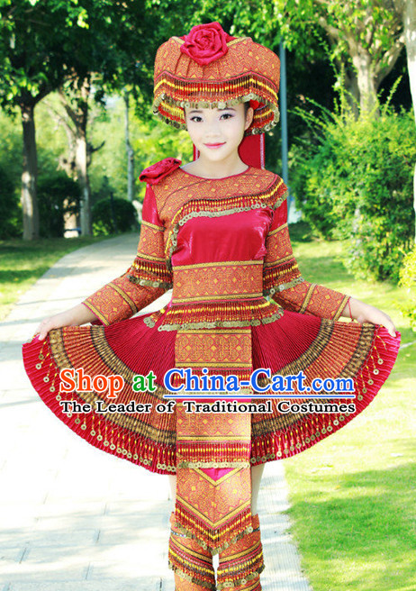 Hmong Women Minority Dresses Miao Girls Clothing Ethnic Miao Minority Dance Costume Minority Dress Dance Miao Costumes and Hat Complete Set