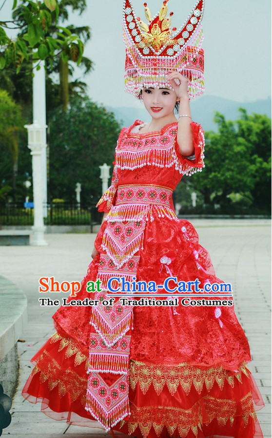 Hmong Women Minority Dresses Miao Girls Clothing Ethnic Miao Minority Dance Costume Minority Dress Dance Miao Costumes and Hat Complete Set