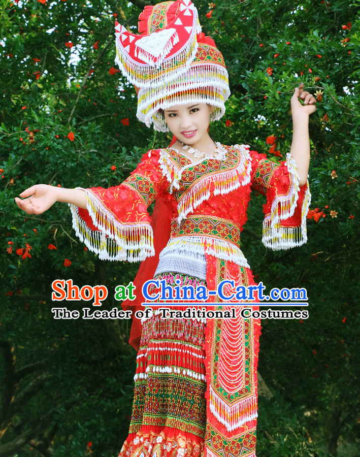 Hmong Women Minority Dresses Miao Girls Clothing Ethnic Miao Minority Dance Costume Minority Dress Dance Miao Costumes and Hat Complete Set