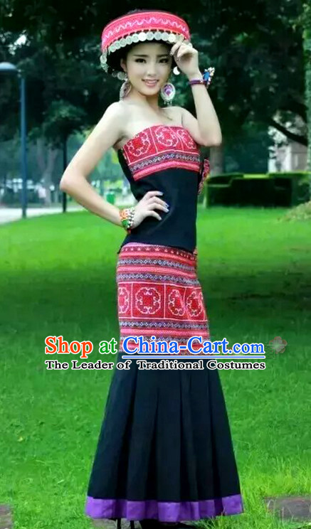 Hmong Women Minority Dresses Miao Girls Clothing Ethnic Miao Minority Dance Costume Minority Dress Dance Miao Costumes and Hat Complete Set