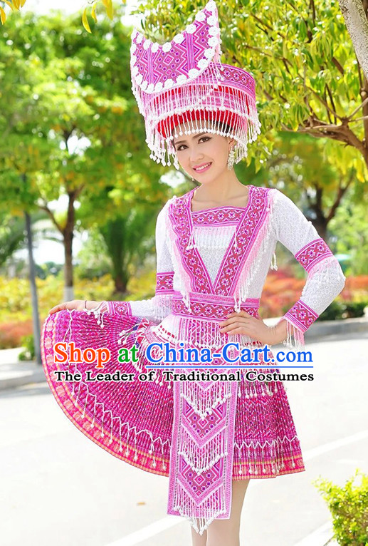 Hmong Women Minority Dresses Miao Girls Clothing Ethnic Miao Minority Dance Costume Minority Dress Dance Miao Costumes and Hat Complete Set