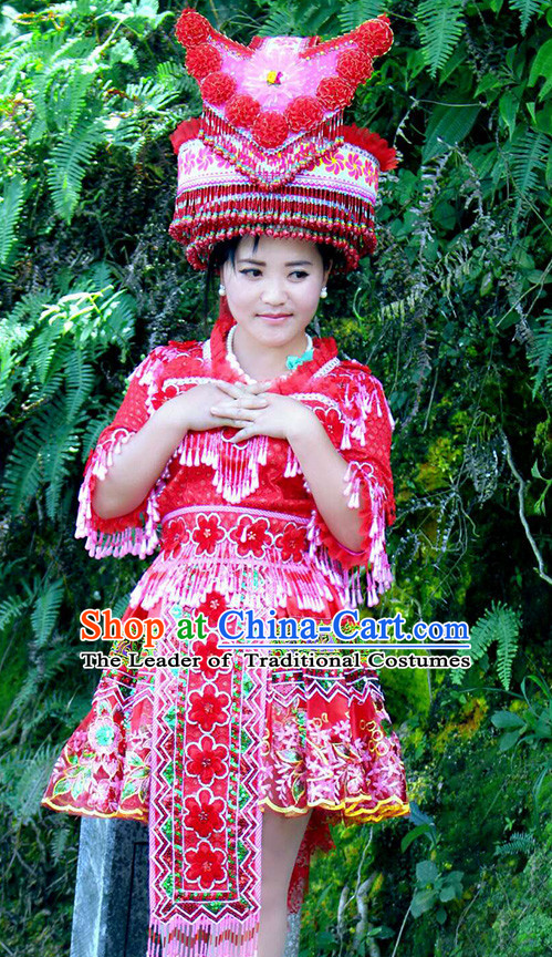 Hmong Women Minority Dresses Miao Girls Clothing Ethnic Miao Minority Dance Costume Minority Dress Dance Miao Costumes and Hat Complete Set