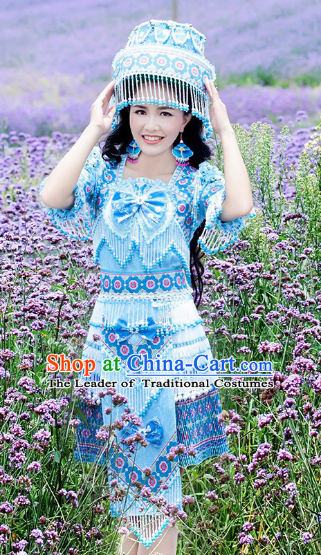 Hmong Women Minority Dresses Miao Girls Clothing Ethnic Miao Minority Dance Costume Minority Dress Dance Miao Costumes and Hat Complete Set