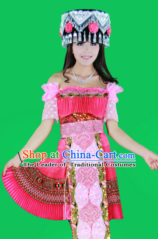 Hmong Women Minority Dresses Miao Girls Clothing Ethnic Miao Minority Dance Costume Minority Dress Dance Miao Costumes and Hat Complete Set