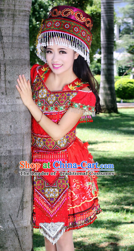 Hmong Women Minority Dresses Miao Girls Clothing Ethnic Miao Minority Dance Costume Minority Dress Dance Miao Costumes and Hat Complete Set