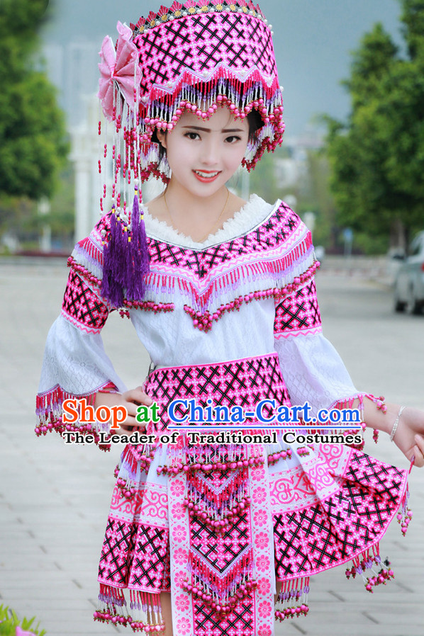 Hmong Women Minority Dresses Miao Girls Clothing Ethnic Miao Minority Dance Costume Minority Dress Dance Miao Costumes and Hat Complete Set