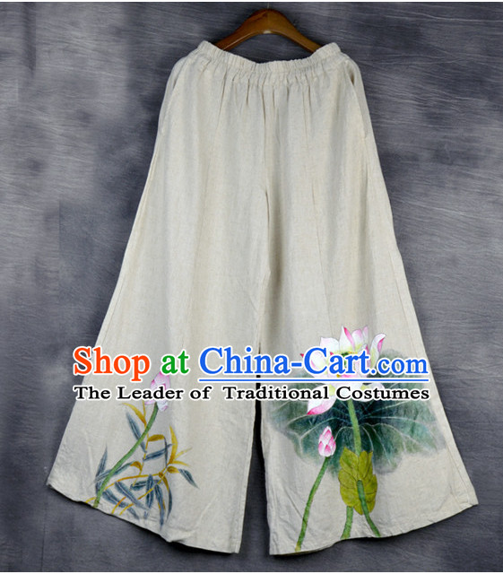 Chinese Classical Hands Painted Lotus Pants