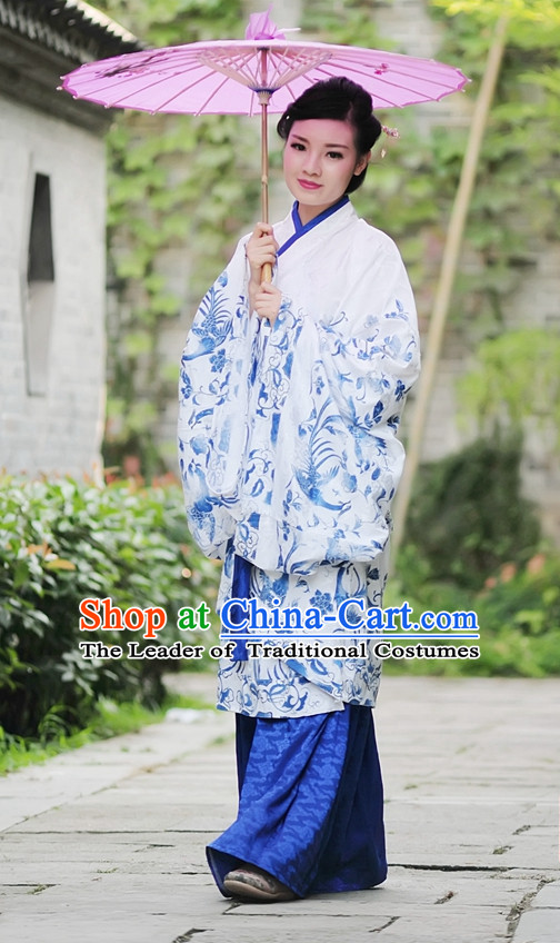 White Blue Ancient Chinese Han Dynasty Dresses Hanfu Quju Clothing Hanbok Kimono Complete Set for Women