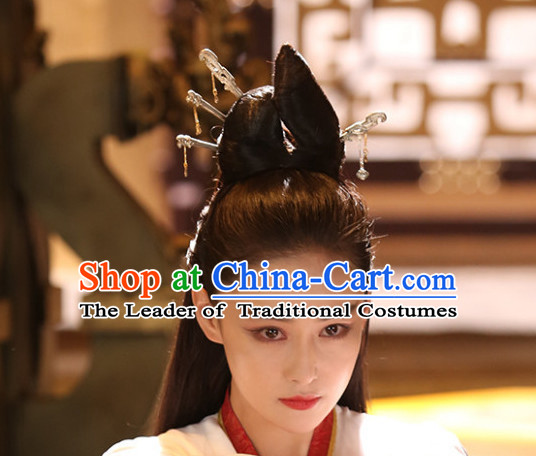 Ancient Chinese Black Long Wigs and Head Jewelry for Women