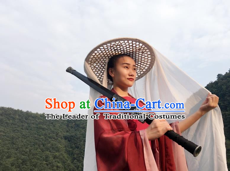 Traditional Chinese Acient Swordswoman Hats, Swordswomen Mask Veil Headwear, Bamboo Hat for Women