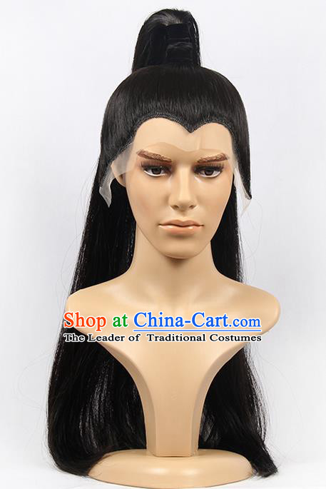 Chinese Ancient Swordsman Long Wig Set, Traditional Chinese Wig Hoods for Men