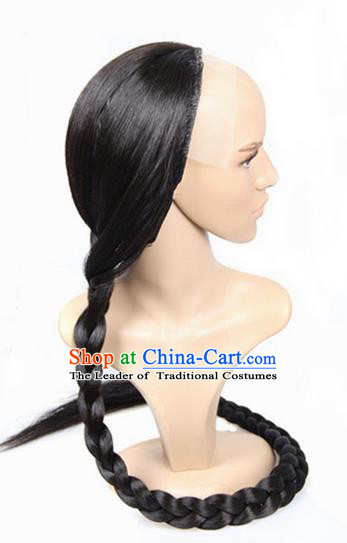 Chinese Ancient Swordsman Long Wig Set, Traditional Chinese Qing Dynasty Wig Hoods for Men