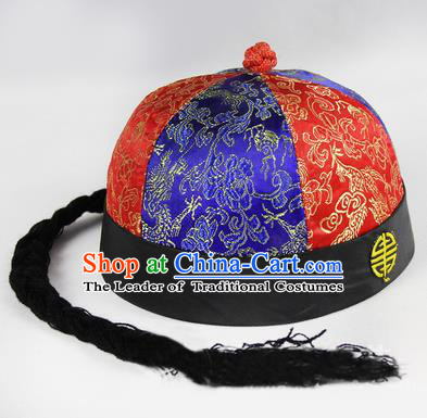 Chinese Ancient Swordsman Long Wig Set, Traditional Chinese Qing Dynasty Hats Wig Hoods for Men