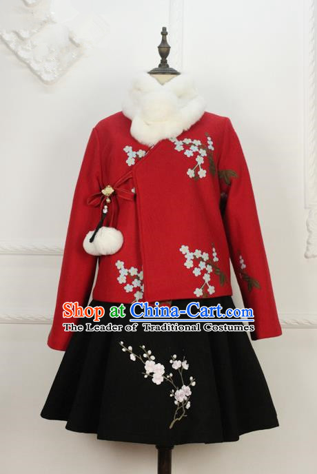 Traditional Classic Women Clothing, Traditional Chinese Classic Woolen Dress Embroidered Pleated Skirt, Chinese Han Dynasty Restoring Ancient Wool Short Skirt for Women