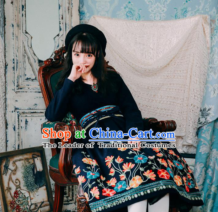 Traditional Classic Women Clothing, Traditional Classic Chinese Restoring Ancient Woolen Dress, Wool Embroidered One-Piece Skirt for Women