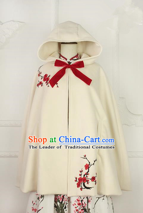 Traditional Classic Chinese Elegant Women Costume Hanfu Woolen Cloak, Restoring Ancient Embroider Plum Blossom Cape for Women