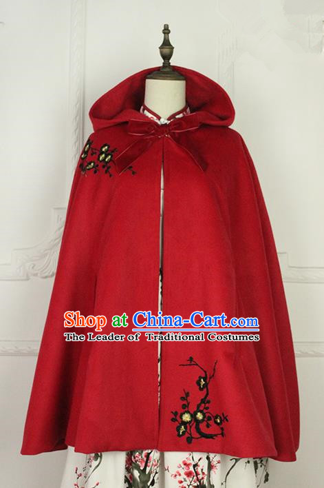 Traditional Classic Chinese Elegant Women Costume Hanfu Woolen Cloak, Restoring Ancient Embroider Plum Blossom Cape for Women