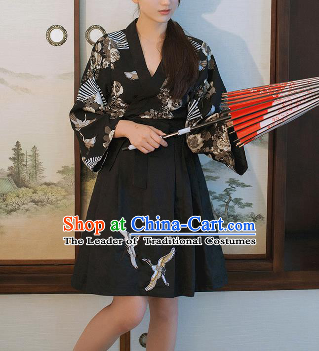 Traditional Japanese Restoring Ancient Kimono Costume Crane Bust Skirt, China Kimono Modified Short Skirt Embroidery Pleated Skirt for Women