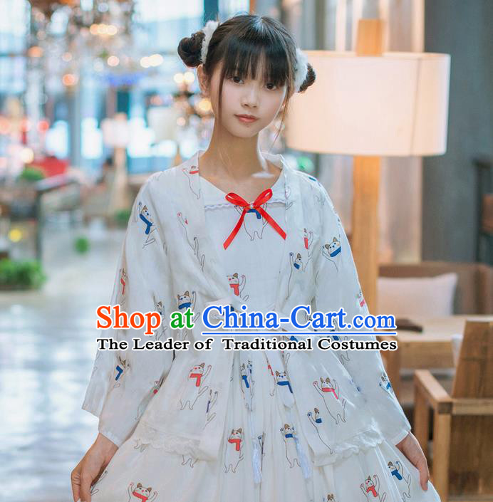 Traditional Japanese Restoring Ancient Kimono Costume Crane Smock, China Modified Double Side Short Cardigan for Women