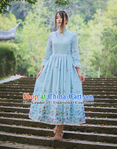 Traditional Classic Chinese Elegant Women Costume One-Piece Dress, Chinese Cheongsam Restoring Ancient Princess Plate Buttons Stand Collar Dress for Women