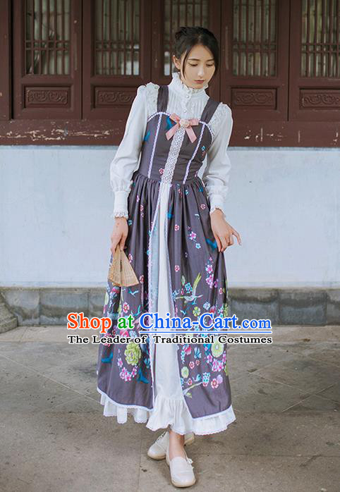 Traditional Classic Chinese Elegant Women Costume Crane One-Piece Dress, Chinese Cheongsam Restoring Ancient Princess Long Braces Skirt for Women