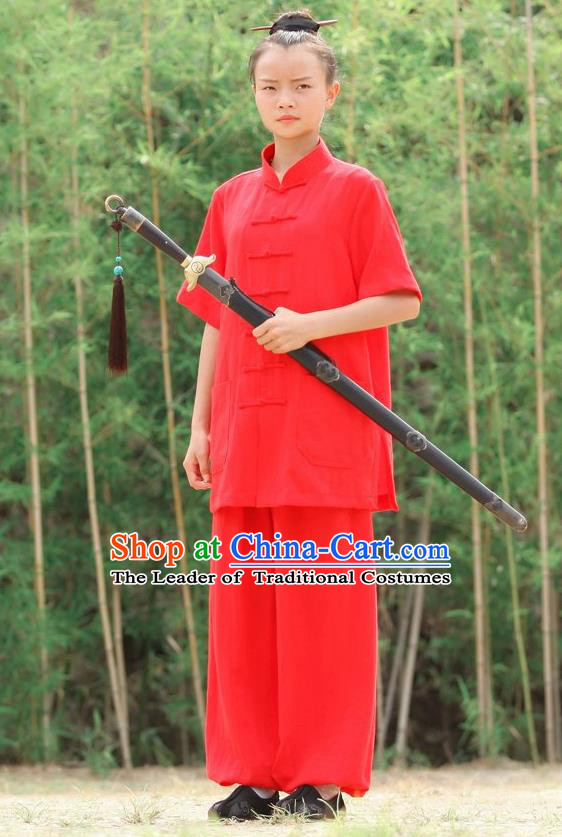 Traditional Chinese Wudang Linen Uniform Taoist Nun Uniform Kungfu Kung Fu Clothing Clothes Pants Shirt Supplies Wu Gong Outfits, Chinese Short-Sleeve Tang Suit Wushu Clothing Tai Chi Suits Uniforms for Women