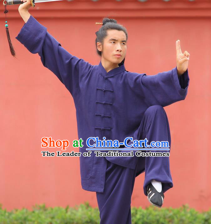 Traditional Chinese Wudang Uniform Taoist Uniform Linen Priest Frock Complete Set Kungfu Kung Fu Clothing Clothes Pants Slant Opening Shirt Supplies Wu Gong Outfits, Chinese Tang Suit Wushu Clothing Tai Chi Suits Uniforms for Men