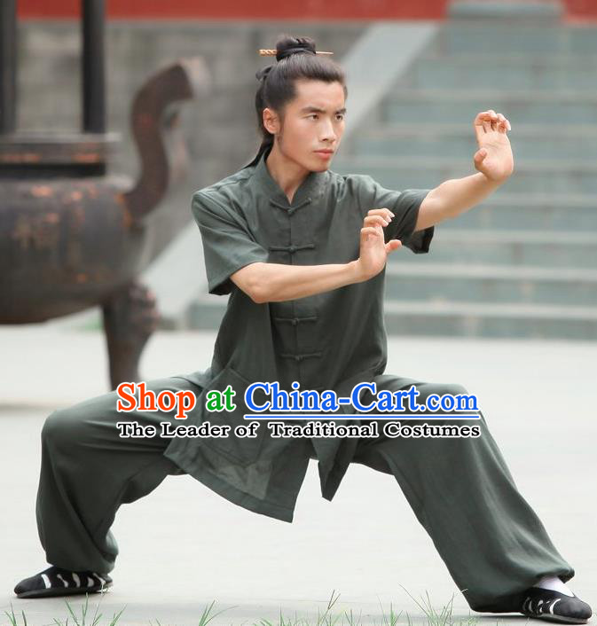 Traditional Chinese Wudang Uniform Taoist Uniform Priest Frock Complete Set Linen Kungfu Kung Fu Short Sleeve Clothing Clothes Pants Slant Opening Shirt Supplies Wu Gong Outfits, Chinese Tang Suit Wushu Clothing Tai Chi Suits Uniforms for Men