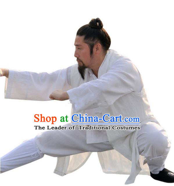 Traditional Chinese Wudang Uniform Taoist Uniform Linen Priest Frock Complete Set Kungfu Kung Fu Long Robe Clothing Clothes Pants Slant Opening Shirt Supplies Wu Gong Outfits, Chinese Tang Suit Wushu Clothing Tai Chi Suits Uniforms for Men