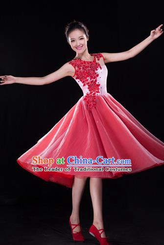 Traditional Chinese Classical Modern Dance Bubble Dress, Yangge Fan Dancing Costume Chorus Suits, Folk Dance Yangko Costume for Women