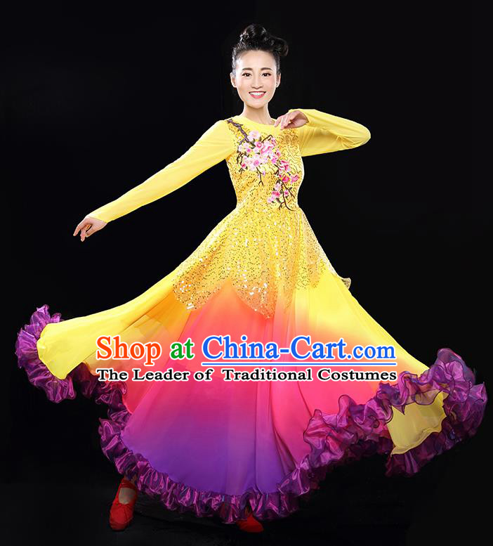 Traditional Chinese Classical Yangko Modern Dance Gradient Dress, Opening Dancing Costume Umbrella Dance Suits, Folk Dance Yangko Costume for Women