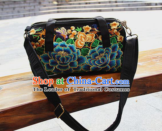 Traditional Chinese Miao Nationality Palace Handmade Four-Sided Embroidery Peony Handbag Hmong Handmade Embroidery Canvas Messenger Bags for Women