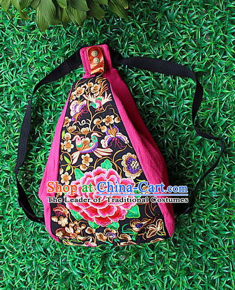 Traditional Chinese Miao Nationality Palace Handmade Single-Sided Embroidery Peony Backpack Hmong Handmade Embroidery Canvas Shoulders Bags for Women