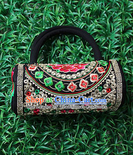 Traditional Chinese Miao Nationality Palace Handmade Four-Sided Embroidery Peony Handbag Hmong Handmade Embroidery Canvas Bags for Women