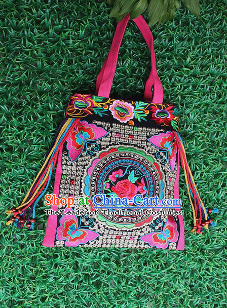 Traditional Chinese Miao Nationality Palace Handmade Single-Sided Embroidery Butterfly Peony Handbag Hmong Handmade Embroidery Canvas Single Shoulder Bags for Women