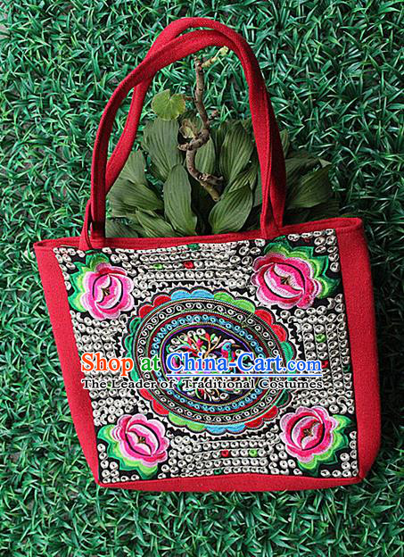 Traditional Chinese Miao Nationality Palace Handmade Single-Sided Embroidery Peony Handbag Hmong Handmade Embroidery Canvas Single Shoulder Bags for Women