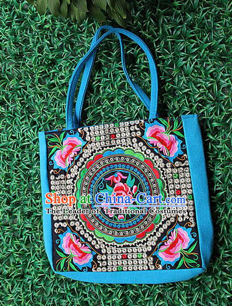 Traditional Chinese Miao Nationality Palace Handmade Single-Sided Embroidery Peony Butterfly Handbag Hmong Handmade Embroidery Canvas Single Shoulder Bags for Women