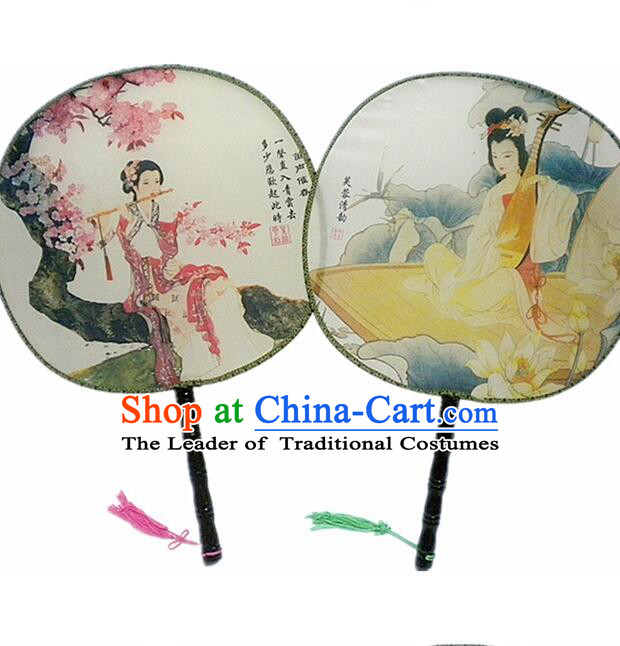 Ancient Chinese Tuan Shan Circular Fan Moon Shaped Fan Stage Property Dance Chinese Painting Ancient Beauty