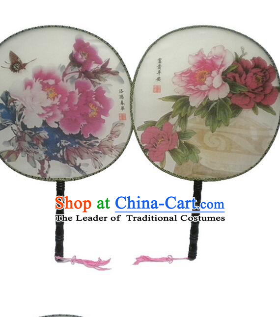 Ancient Chinese Tuan Shan Circular Fan Moon Shaped Fan Stage Property Dance Chinese Painting Flowers