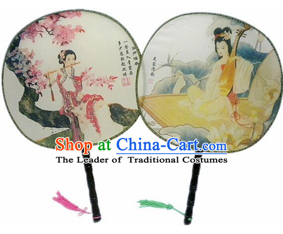 Ancient Chinese Tuan Shan Circular Fan Moon Shaped Fan Stage Property Dance Chinese Painting Ancient Beauty