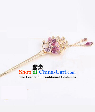 Korean Traditional Style Hairpins Bride Head Wear Up Do Tassels Bu Yao Peacock Spreading Tail Feathers Hair Clasp Purple