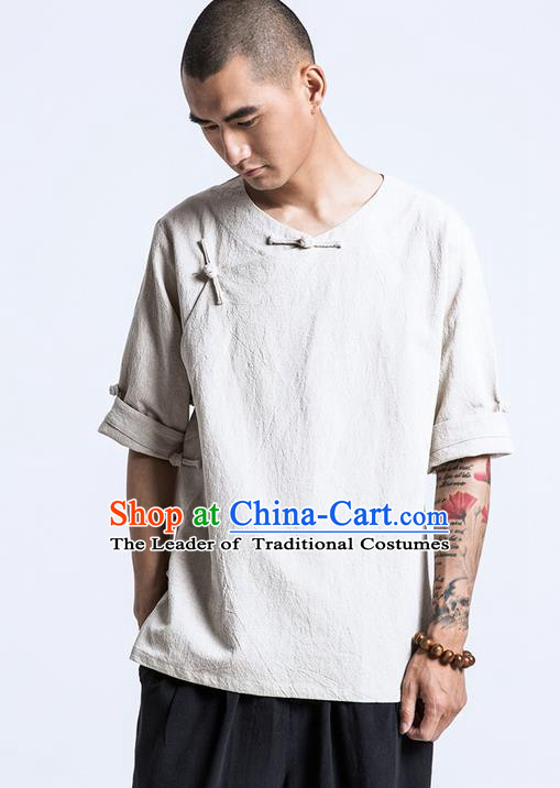 Traditional Chinese Men Short Sleeve T-Shirt, Flax Tang Suit Slant Opening Plate Buttons T-Shirt for Men