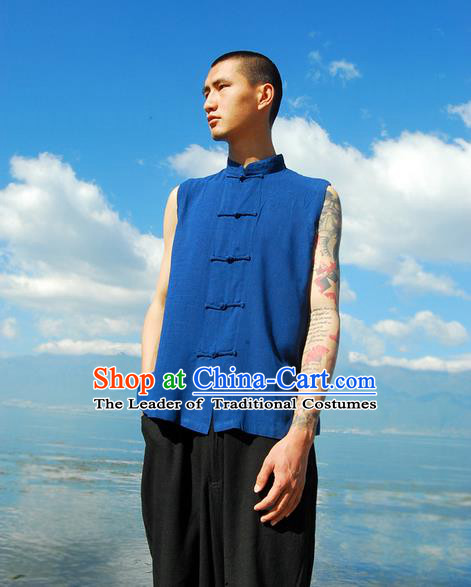 Traditional Chinese Linen Tang Suit Men Plate Buttons Vest, Chinese Ancient Costumes Linen Vests for Men